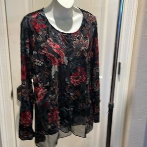 Karen Kane burn out velvet top with sheer layered hem